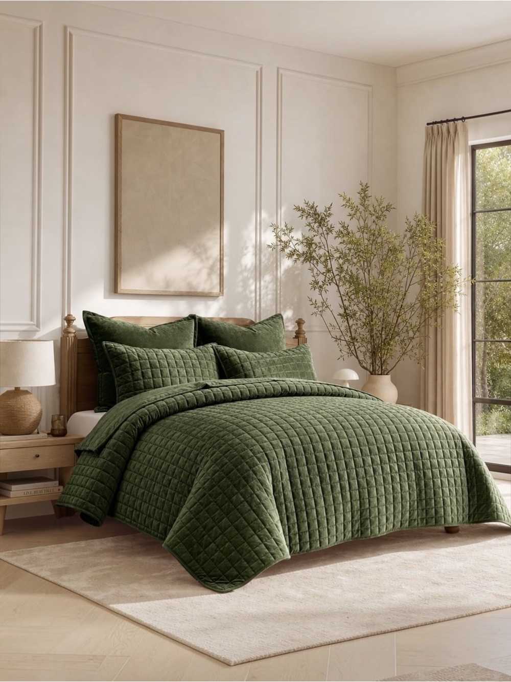 NEW West Elm Green Velvet Luxury Queen / King Size Bedding Comforter & Sham Set